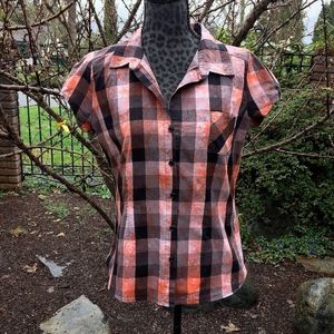 Sam & Max Black and Coral Checkered Plaid Shirt  - Size Large